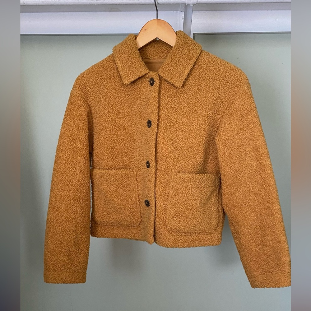 🌟 Uniqlo Mustard Yellow Fleece Faux Shearling Work Chore Yard Cropped Coat